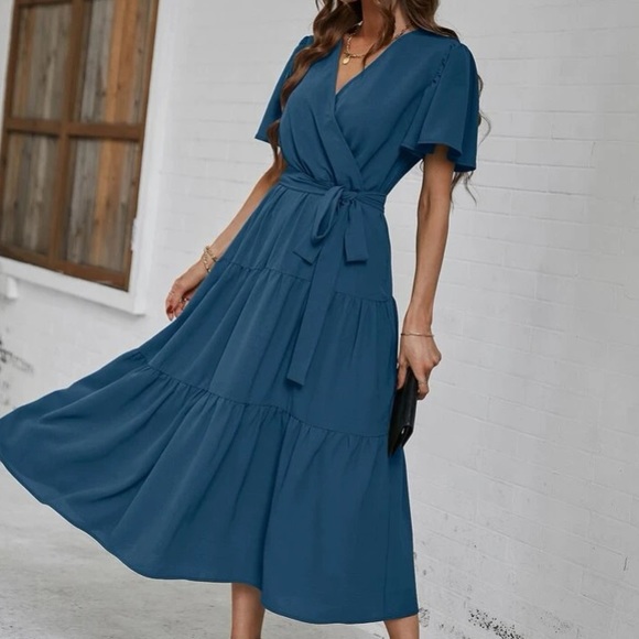 Boho butterfly sleeve ruffle hem belted dress - Picture 15 of 16